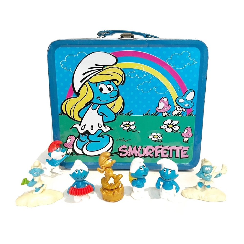 Smurfs Smurfette Metal Lunch Box Keepsake Tin Blue Figurines Rainbow Aluminium